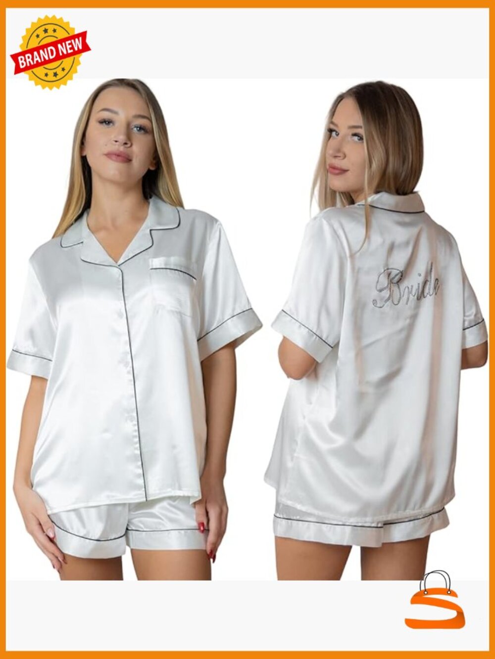 Satin Pajama Set Women Short Sleeve Button Down Sleepwear Bride Gift Two Piece